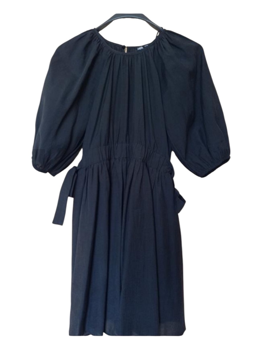 Zara Black Puff-Sleeve Tie-Waist Dress 100% Cotton Size Large